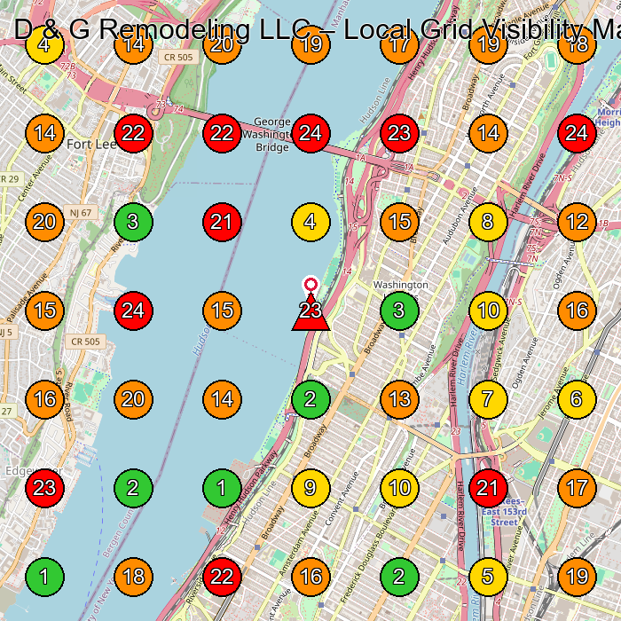 D & G Remodeling LLC General Contractor GeoGrid ranking map for New York NY